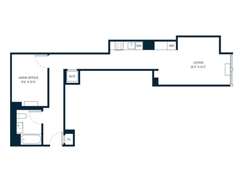 Floor plan for studio, 1 bath, 633 sqft